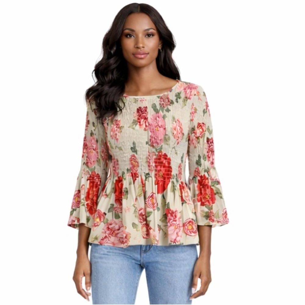 Anthropologie Jane and Delancey blouse medium tan with pink and red flowers.